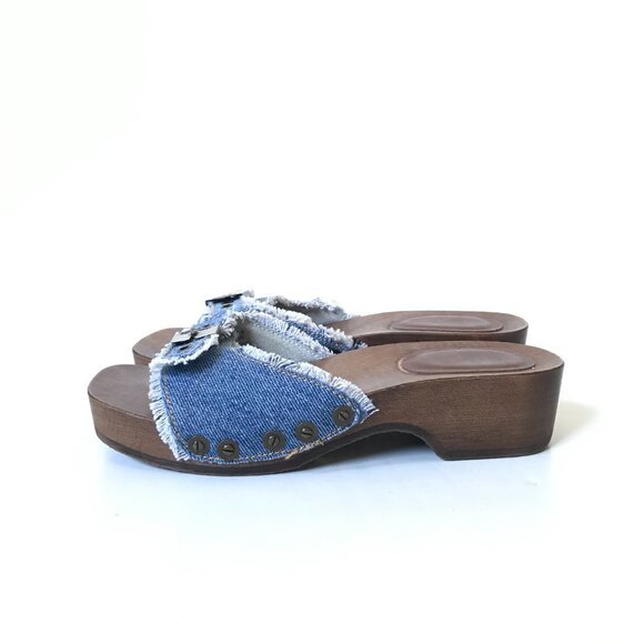 NEW Re/Done x Dr Scholl's Sandals Womens 36 6 Blue Washed Denim Wood Sole Buckle - Picture 7 of 11